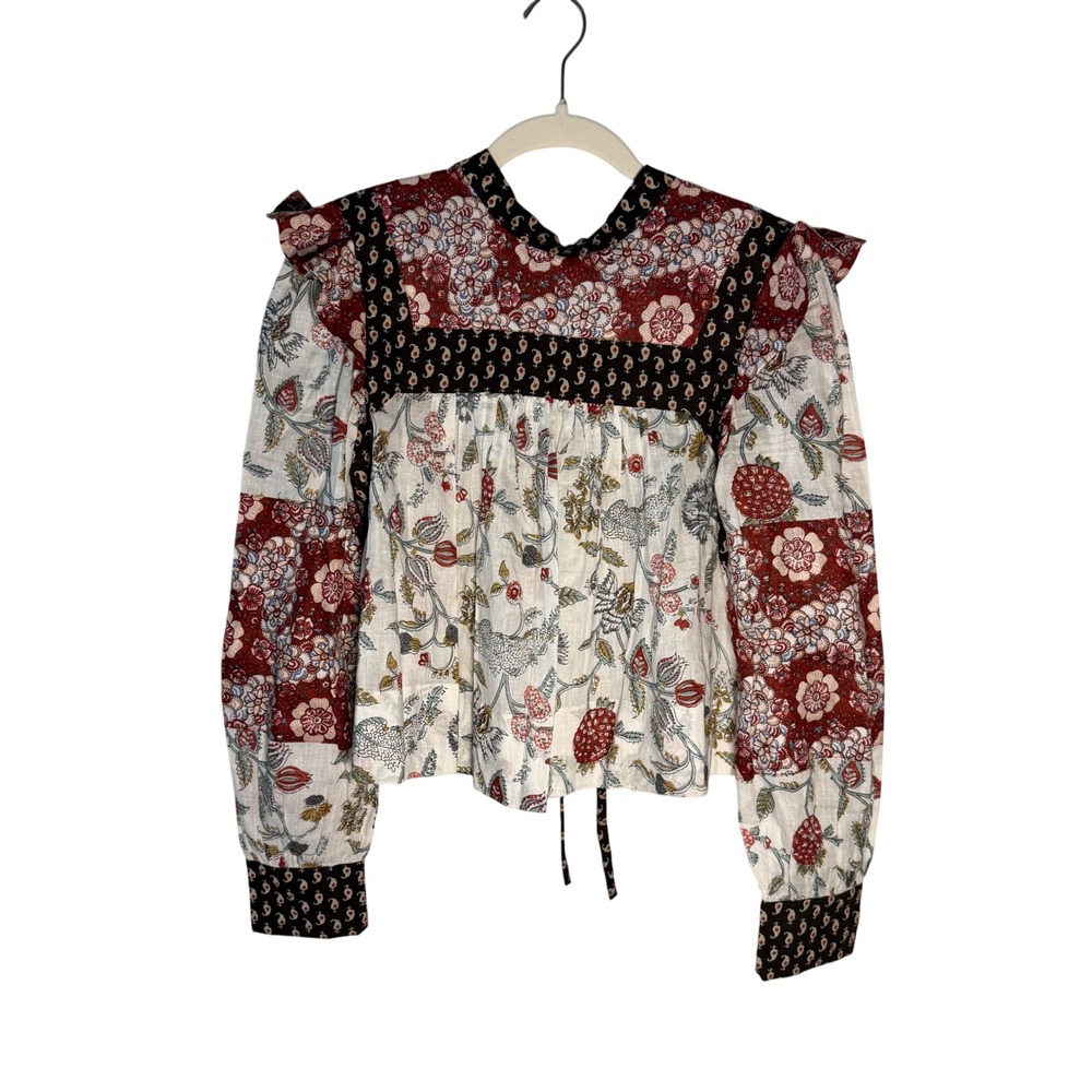 Alix of Bohemia Madeline Patchwork Top Red Black Floral Cotton Blouse Small - Picture 2 of 8